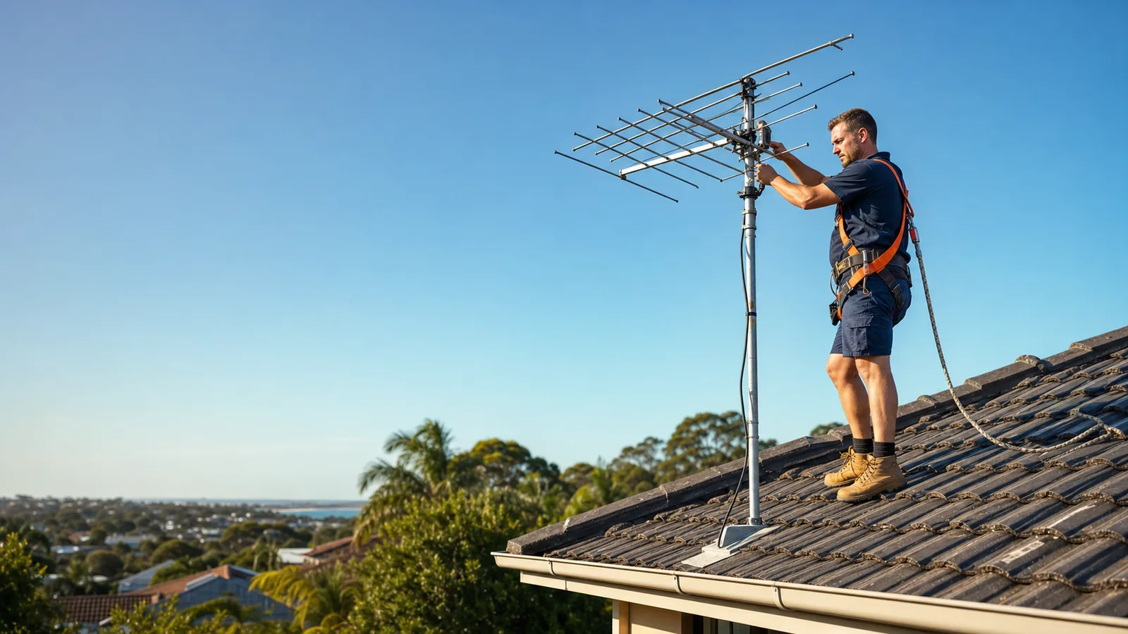Illustration of a technician attending a rooftop television antenna